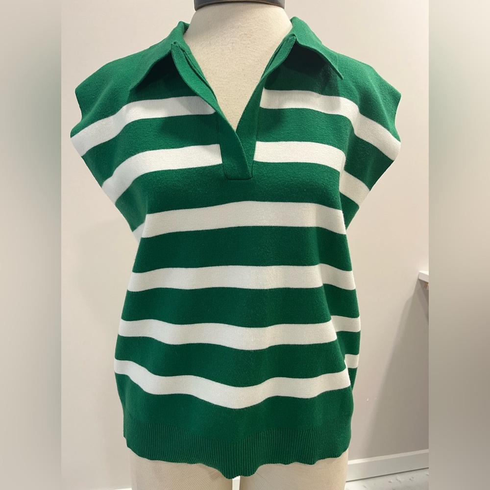 Maeve Green & White Striped Sleeveless Sweater Top Size XL Anthropologie